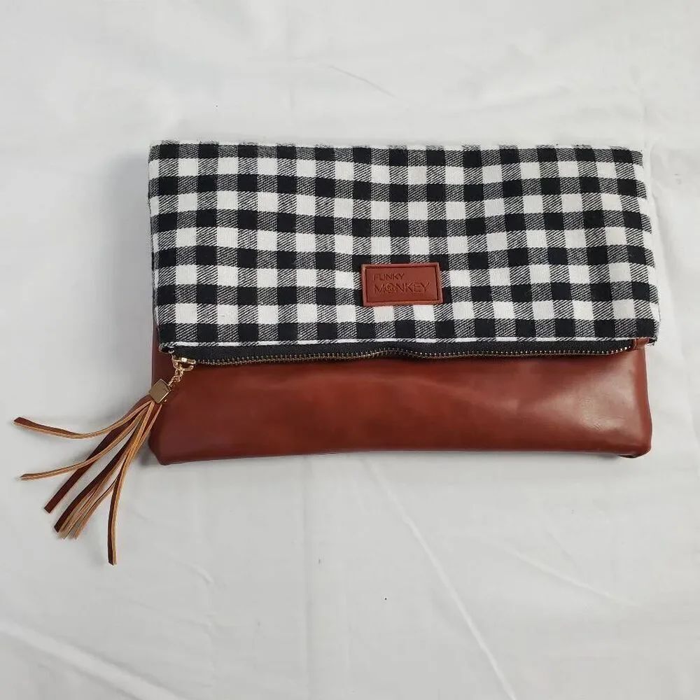 Funky Monkey Women’s Clutch Buffalo Plaid Foldover Purse Vegan Leather Tassel 11